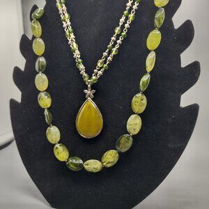 2 Green Faceted Beaded Necklaces 10" & 15" Oval & Round Beads Vintage